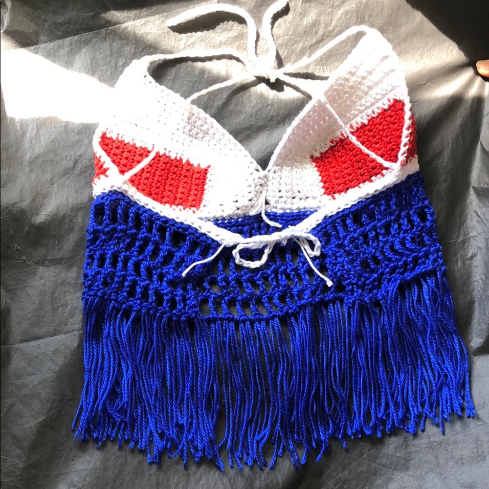 Red, White, and Blue Crochet Halter Top with Fringe - Picture 13 of 15